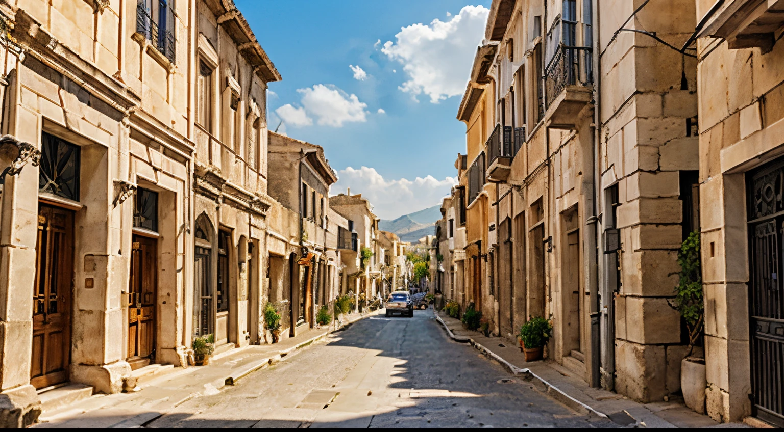middle of the street view of an ancient Greek city with stone
architecture, winding narrow streets, ocra colored buildings,
and temples with tall ionic columns