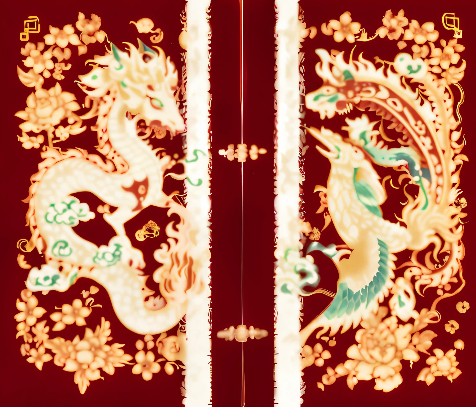 Close-up of red and gold oriental rug，There are two dragons on it, robe with dragon pattern, china silk 3d dragon, Chinese traditional, Chinese dragon battle, ancient china art style, In line with ancient Chinese aesthetics, china idol, ancient chinese ornate, chinoiserie pattern, traditional chinese textures, Inspired by PwC, traditional chinese art, Complex and gorgeous anime CGI style