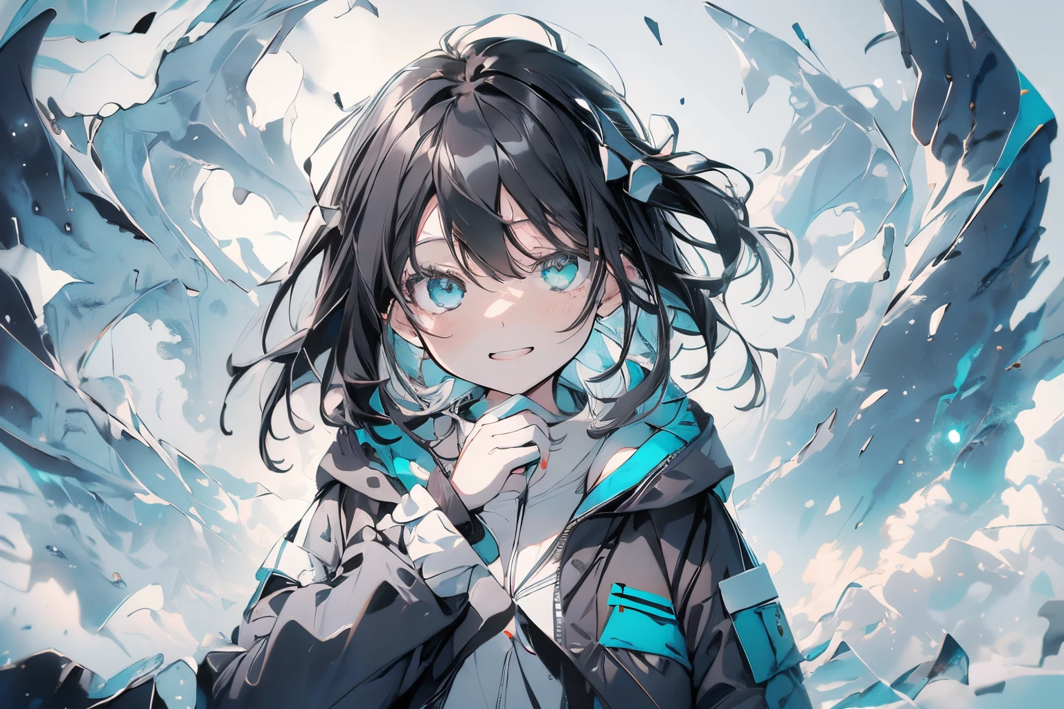 【Highest Quality, masutepiece】,Manteau, expressioness, front facing,1 girl in, Turquoise eyes,  jet-black hair, Jacket (Gray white background:1.4), (night sky background:1.3),smile,