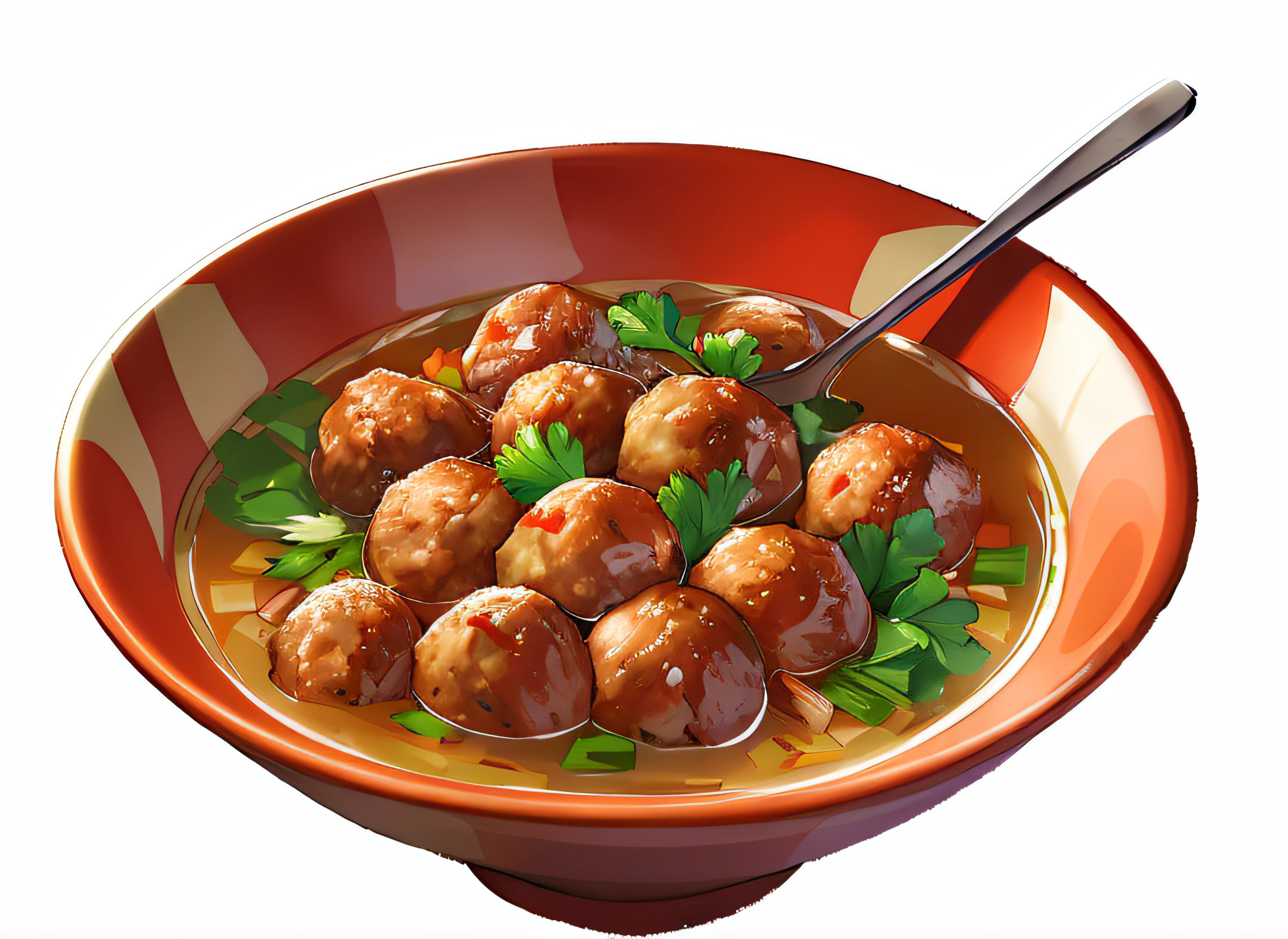 A bowl of soup，There are meatballs and cilantro in it, green onion， Amazing food illustration, Inspired by Chen Dingpo, Super realistic food pictures, author：heroes, by Qu Leilei, real photograph, Anime food, good soup, author：Yao Tingmei, full art,, photorealistic illustration