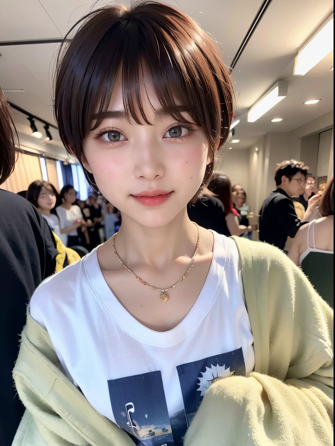 ((top-quality))、(​masterpiece:1.4)、Raw photography、8K、((Top image quality))、 ((hight resolution))、Beautiful face in every detail、Realistic human skin、Gentle expression、(One lady:1.3 )、realisitic、Photorealsitic、(extra very short hair:1.4)、(Beautuful Women)、(cute Japanese girls)、(boyish:1.35)、((mannish))、((Pretty Woman))、(Beautiful hair)、((dark brown  hair))、(((Red cheeks)))、((Her eyes are big))、20-year-old beauty、(her face is small:1.7)、small head、((long neck))、pale skin、Spot-free skin、With bangs、Everyone longs for、japanese beautiful woman、eight heads high、(((date)))、((girlfriend))、(a necklace)、(music festival:1.4)、blue-sky、Looking at the camera、(Concert T-shirt)、smil、(Oversized clothes:1.3)、Happy look、