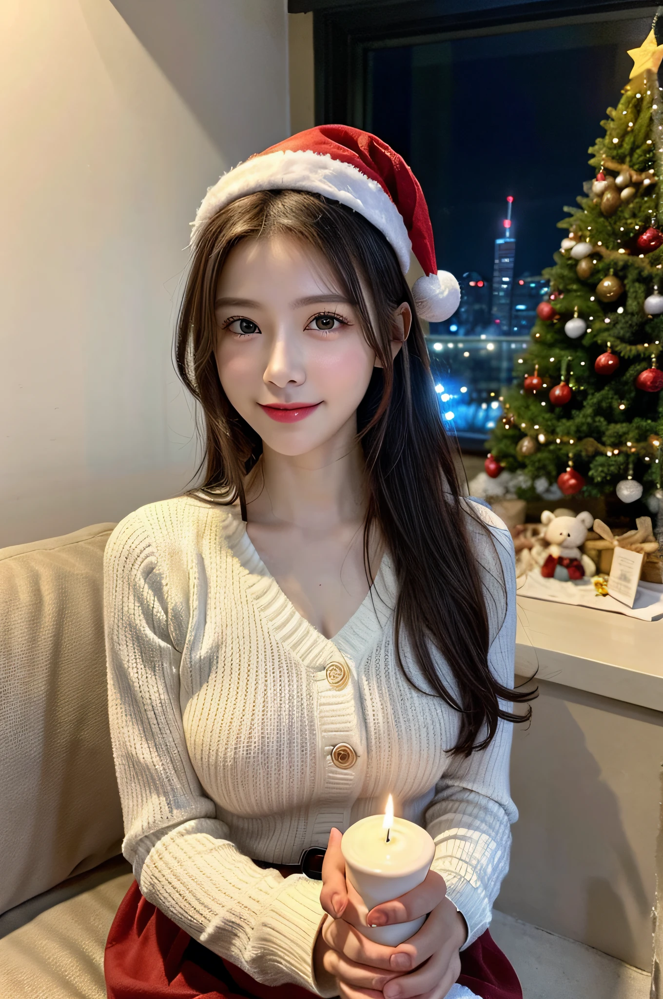 (1girl:1.3), (Extremely cute, Amazing face and eyes), happy smile, solo, realistic, santa hat, christmas, long hair, fire, off shoulder, red sweater, smile, christmas tree, scenery, fireplace, window, couch, table, indoors, cityscape, christmas lights, christmas ornaments, building, night, chair, city, carpet, lamp, rug, city lights, snowing, stuffed toy, curtains, candle, gift box, stuffed animal, snow, cup, pillow, instrument, skyscraper, sky, teddy bear, cushion, (Best Quality:1.4), photo realistic, raw photos, professional photograpy, focus on girls face,