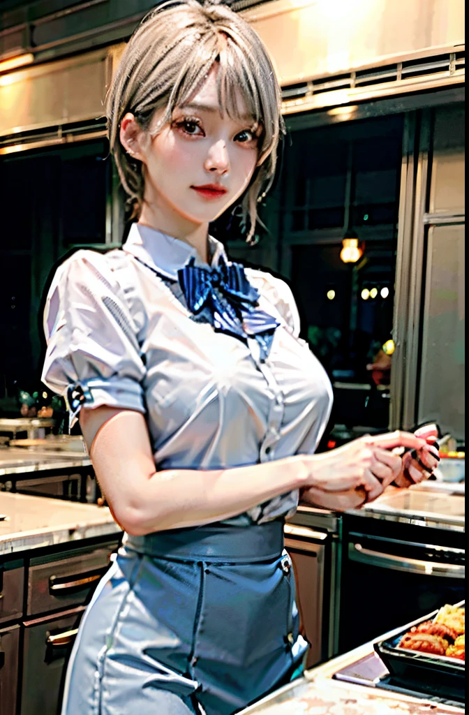 top-quality、超A high resolution、(Photorealsitic:1.4)、女の子1人、White blouses、a blue skirt、bowtie、(faded ash gray hair:1)、(Normal breasts:1)、looking at viewert、cafes、Garou Densetsu Charm