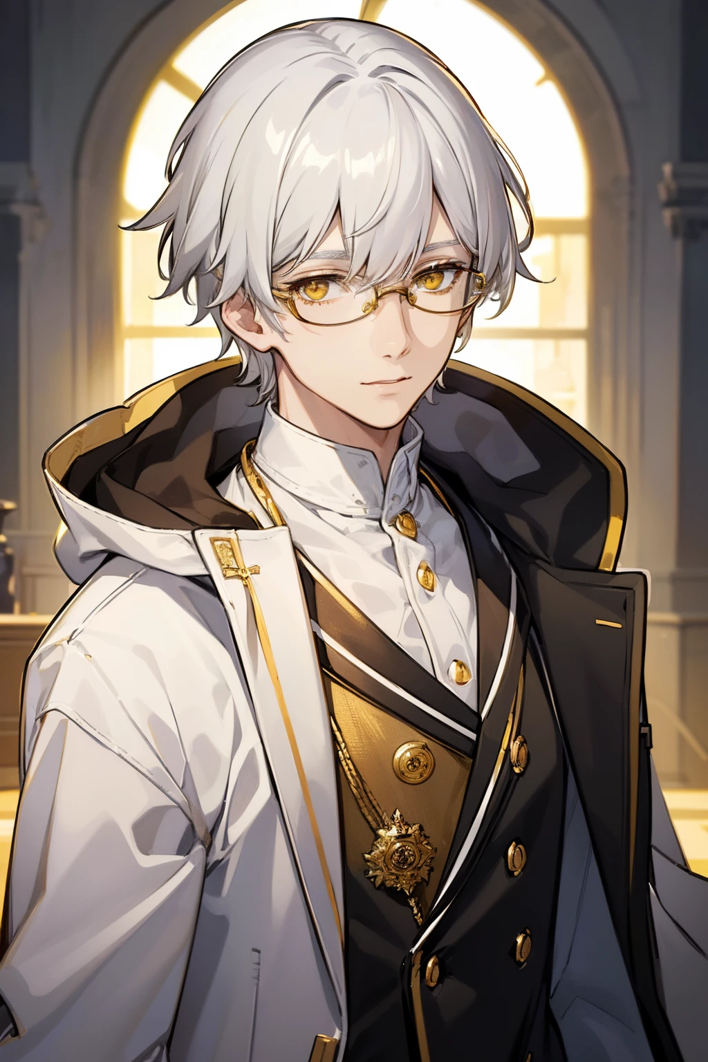 (best quality:1.3), (masterpiece:1.3), (illustration:1.3), (ultra-detailed:1.3), (imid shot:0.9), 1boy, yellow eyes, (((white hair))), glasses, short hair, indoors, upper body, close up, coat, young, looking at viewer, warm smile