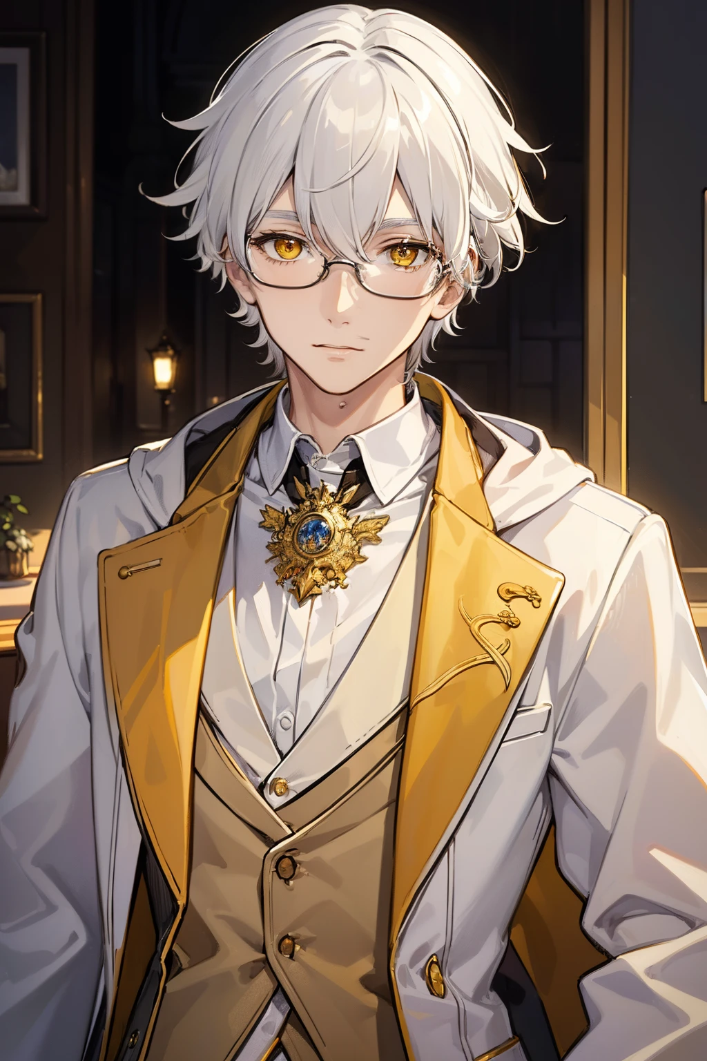 (best quality:1.3), (masterpiece:1.3), (illustration:1.3), (ultra-detailed:1.3), (imid shot:0.9), 1boy, yellow eyes, (((white hair))), glasses, short hair, indoors, upper body, close up, coat, young, looking at viewer, warm smile