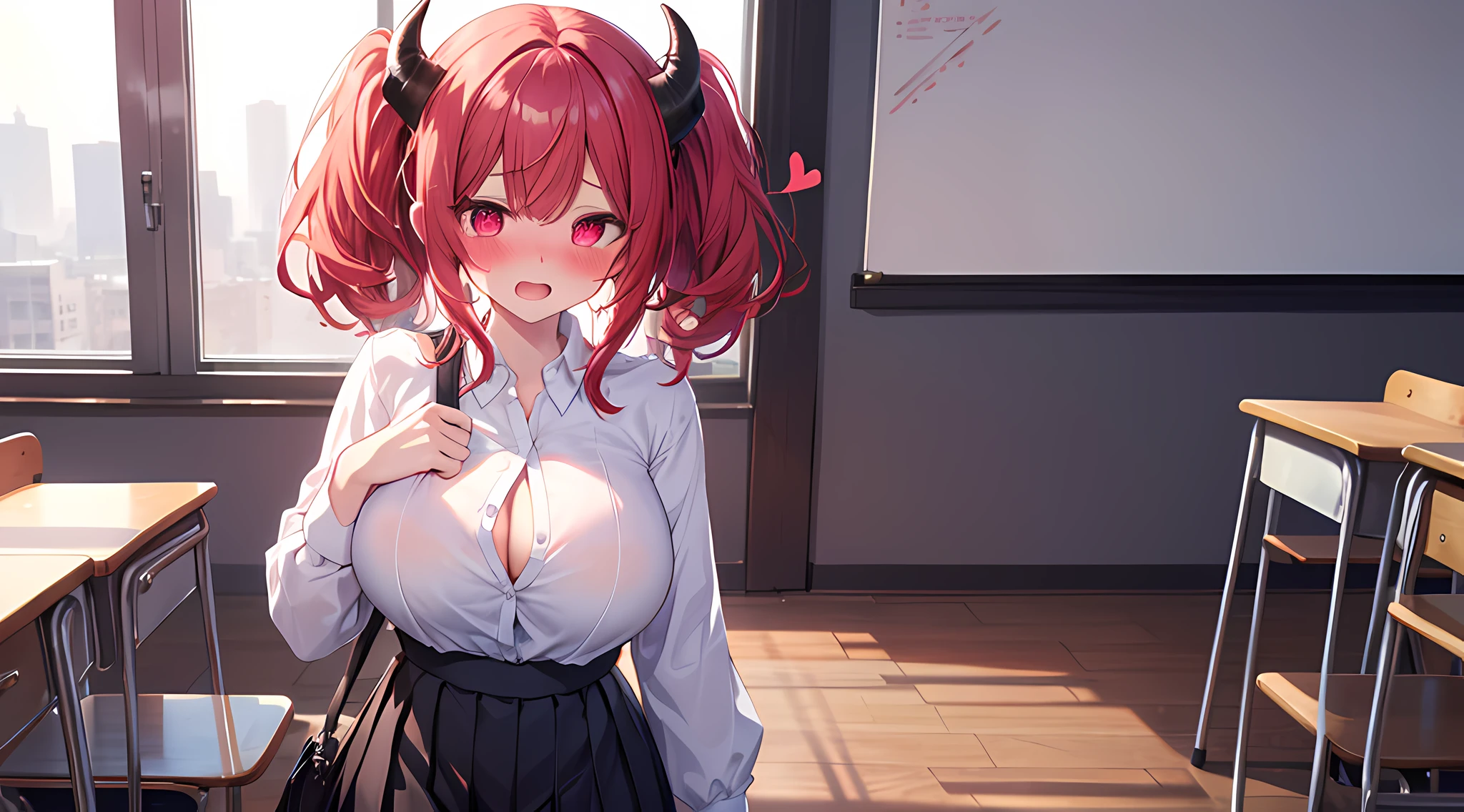 (1 demon girl), front lighting, demon horns, white shirt, black skirt, big breast, detailed face, walking in the middle of classroom on daytime, red hair, black hairpins, (blushing: 1.5), open mouth, unbutton her skirt, heart eyes, (half body:0.6), front lighting, 8k, masterpiece, ultra HD,
