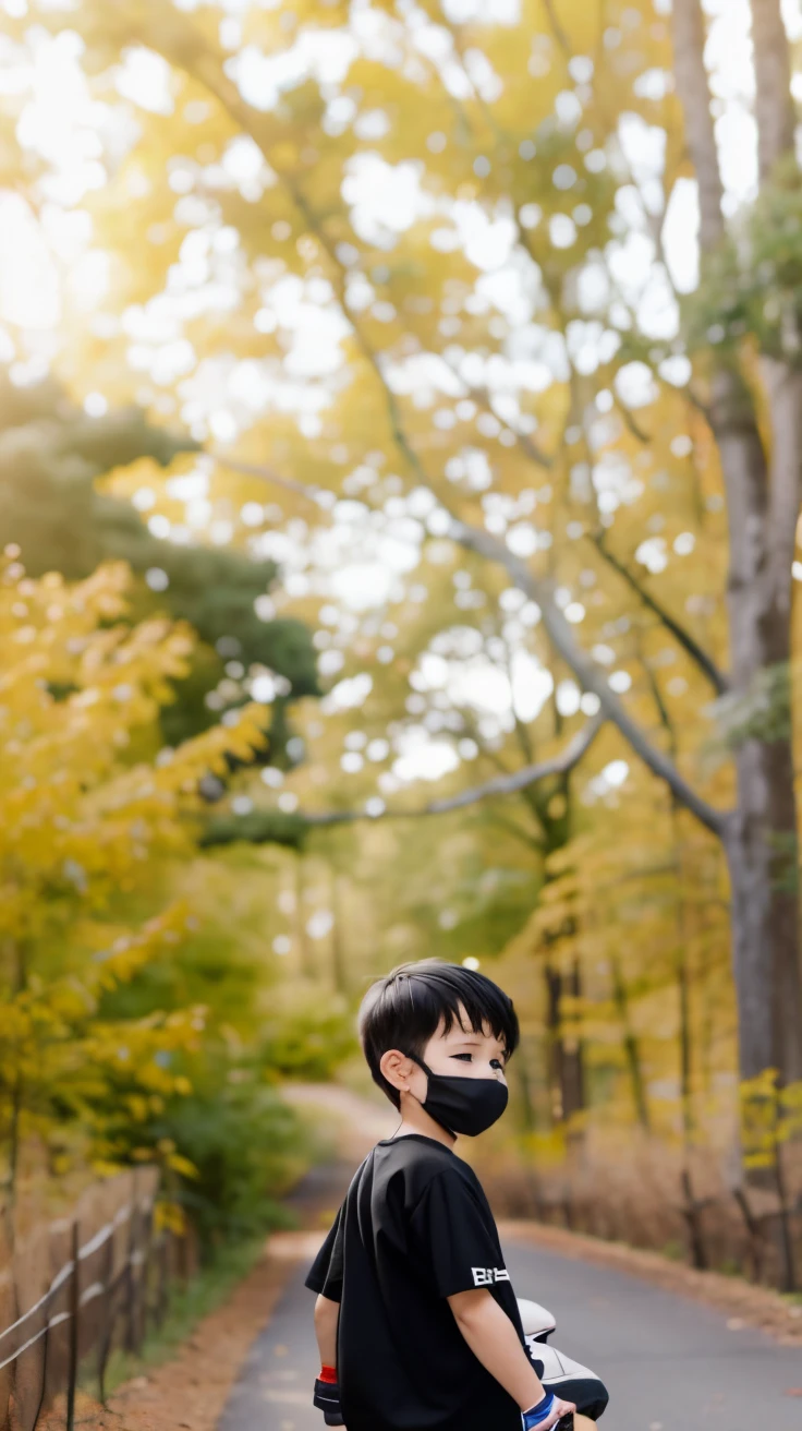 best quality,1  boy, bate, handsome, wearing a black t-shirt, back turned, face facing the camera, in the forest, wearing a black cloth mask, beautiful eyes, short hair,small eart