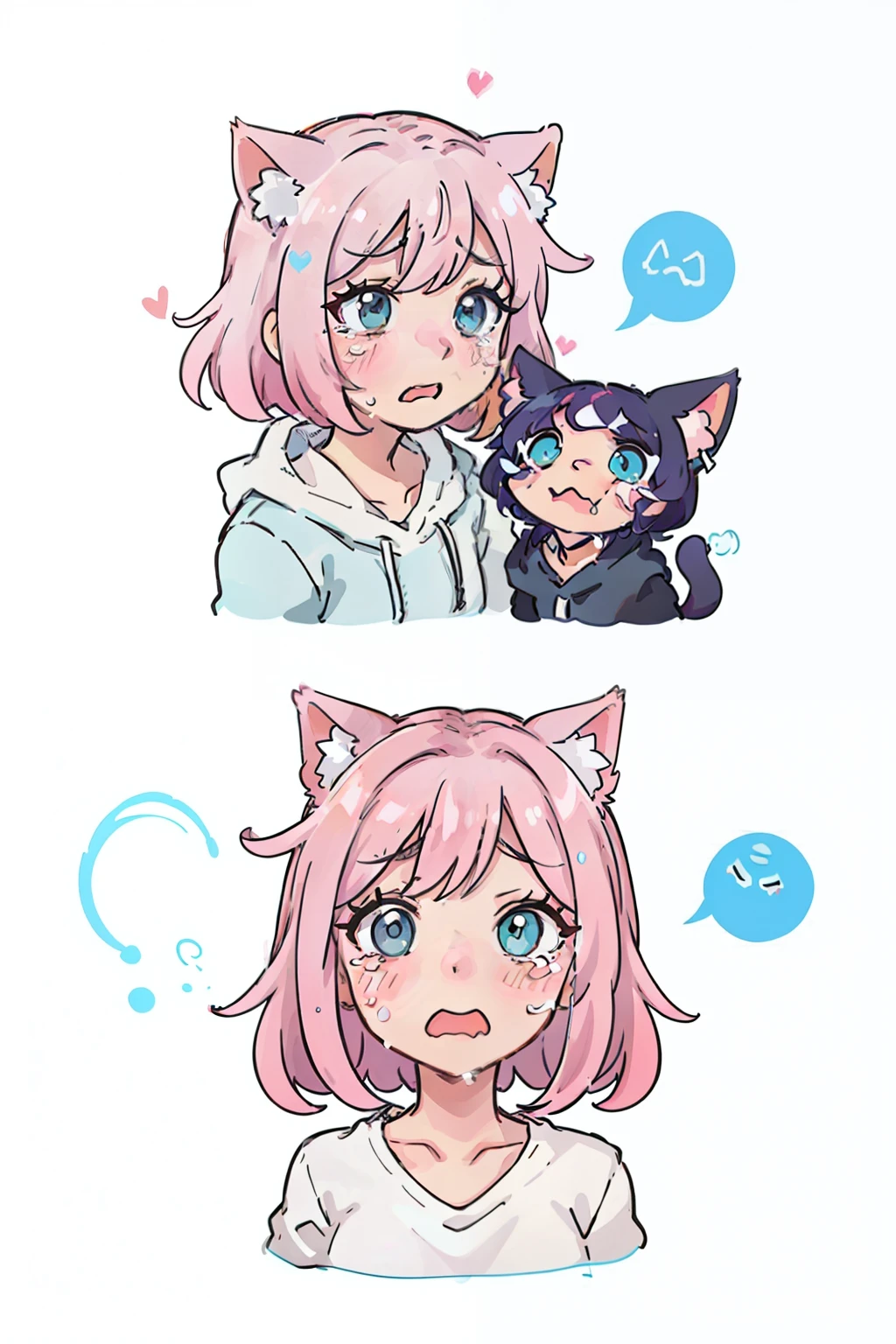 Cute pink kitten，Cat ears，Pink hair，Blue-green eyes，expressions，f/64 groups，Various expressions，weeping，streaming tears，wipe tearful eyes，White BE, illustration-nii 5-style cute, emoji as illustration set, with boold manga line style,
dynamic pose dark white，related characters，Old
Meme Kernel