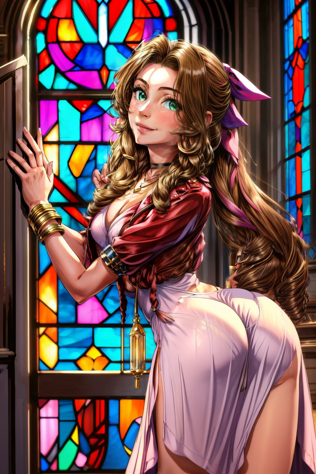 masterpiece, best quality, aerith gainsborough, bending over, lifting dress, athletic build, slim waste, wide hips, perky ass, choker, cropped jacket, hair bow, bracelet, pink dress, looking at viewer, smile, closed mouth, indoors, stained glass window