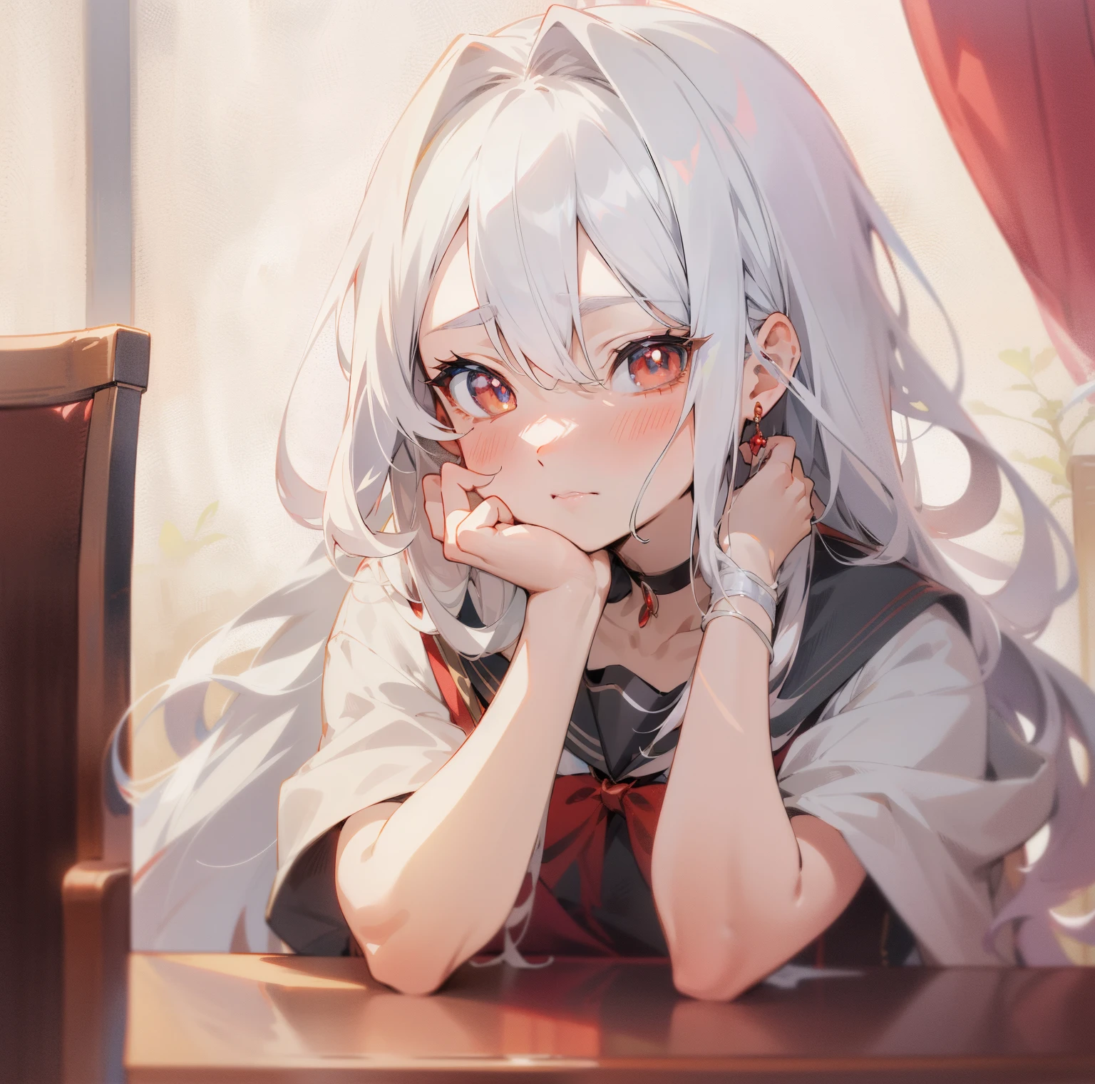 tmasterpiece，8K，Anime manga girl，gray hair and long hair，exquisite facial features，Delicate red pupils，Sit at the table，holding chin in hand, Anime visuals of a cute girl, perfect white hair girl, Anime cute art style, up of young anime girl,  A beautiful anime portrait,, Cute Anime Girls, Portrait of an anime girl