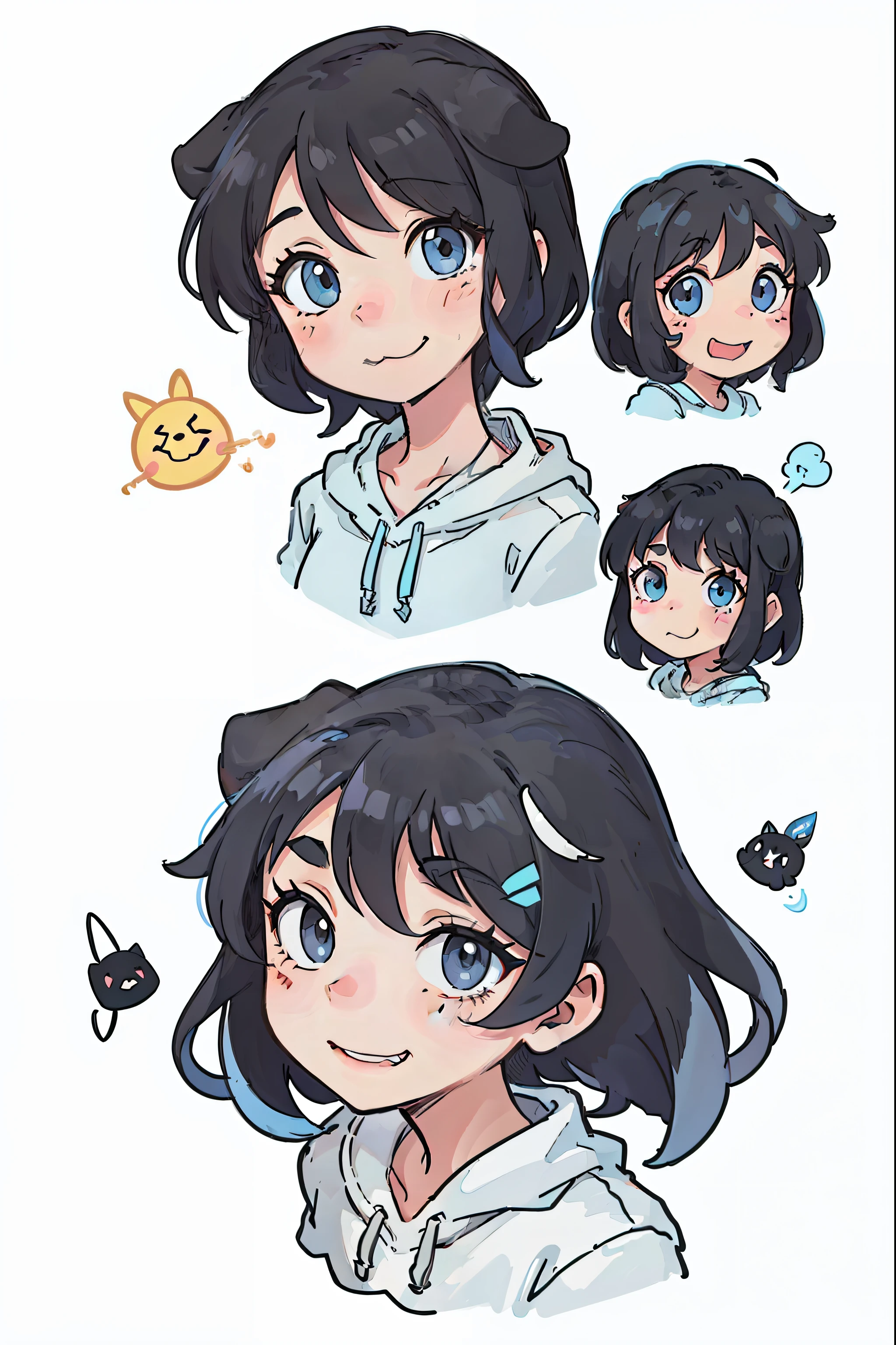 Cute puppy,black color hair,black dog ears,light blue eyes,all kinds of expressions,worthy of pride,Proud,close your mouth,Smilingly,Giggle smile,expressed,adorable eyes,white BE, illustration nii 5 style cute, emoji as illustration set, It has a bold comic line style,
Dynamic pose deep white,,F/64 group,related characters,old meme kernel