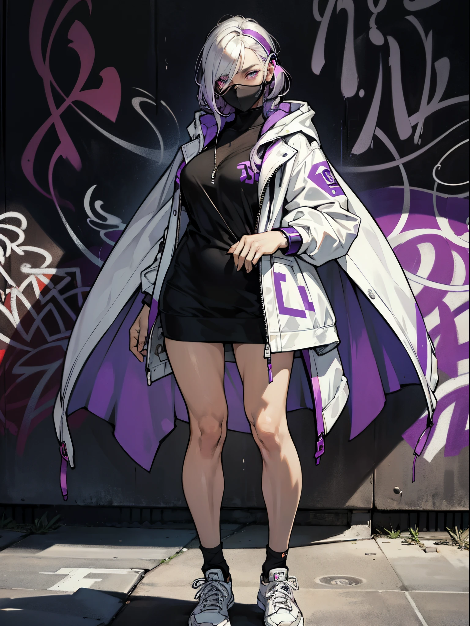 (((masterpiece))), 1girl, beautiful face, perfect face, beauty of a goddess, ((ultra detailed eyes)), clear eyes, ((glowing purple eyes)), (streaked hair), unzipped coat, front bangs, standing in front of a graffiti-covered wall, graffiti of a dragon on the wall, street fashion, sneakers, head to toes, wearing headphones, striking a pose, looking at viewer