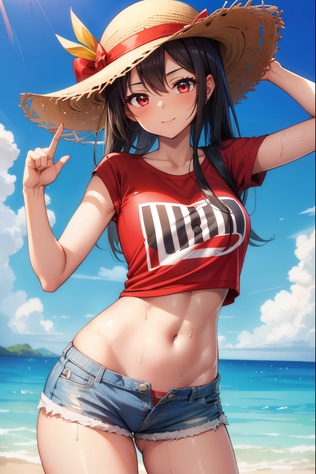 A cute girl, wearing a straw hat with a red stripe, a red T-shirt, and short shorts, sexy body, sexy, porn