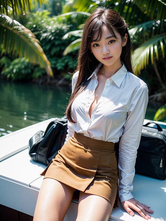 ((top-quality、in 8K、​masterpiece:1.3、Raw photo))、Super high quality photos, In the tropical jungle, ((Wearing a business suit)), ((Wear a white blouse shirt under the jacket)), ((Perfect beauty 20 year old idol Japan woman)), ((a smile)), ((protruding nipples under the shirt,,)), ((slim figure)), ((Slim legs)), ((slim thigh)), ((Perfect beauty 20 year old idol Japan woman)), (Photorealistic: 1.4), (Ultra-high detail), (hyper realisitic: 1.4), (Realistic: 1.3), (Smooth lighting: 1.05), Full body, 1girl in, Solo, (Japanese actressl),　20yr old, cinematlic lighting, ((slim figure)), ((Leaner figure)), Good anatomy, Correct anatomy, In the tropical jungle, ((Perfect beauty 20 year old idol Japan woman)), ((slim figure)), ((Slim legs)), ((slim thigh)), ,((Perfect beauty)), ((He has a small camping bag in one hand.)), ((Panties are visible through the skirt)), ((a smile)), ((camel's toe)), ((legs slightly spread)),