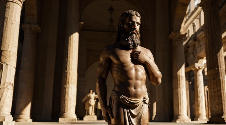 a detailed statue of a mascular bearded man, full body, 
in stoicicism ancient greek style, the statues's clothing 
drapes elegantly over one shoulder, and the dark background 
contrast sharply with the statue, making it the focal point. 
The craftsmanship of the statue is exquisite, revealing 
meticulus details in both the facial features and the attire. 
The overall ambiance of the image is dramatic, emphasized by 
the play of light and shadow. Wide shot