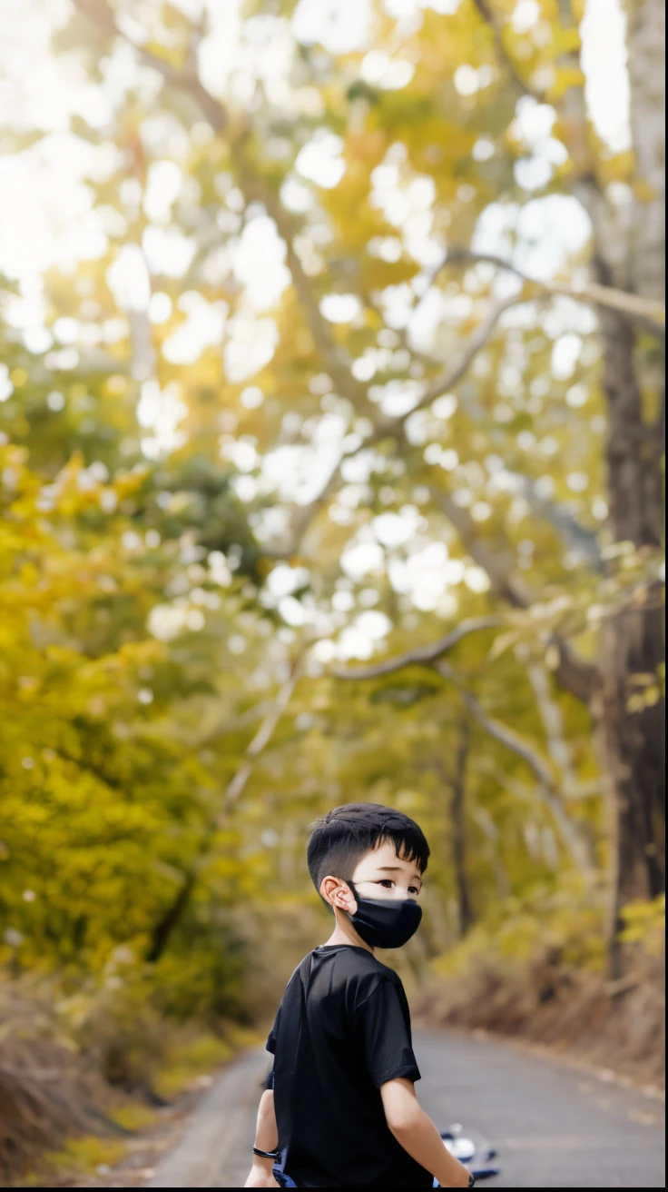 best quality,1  boy, bate, handsome, wearing a black t-shirt, back turned, face facing the camera, in the forest, wearing a black cloth mask, beautiful eyes, short hair,small eart