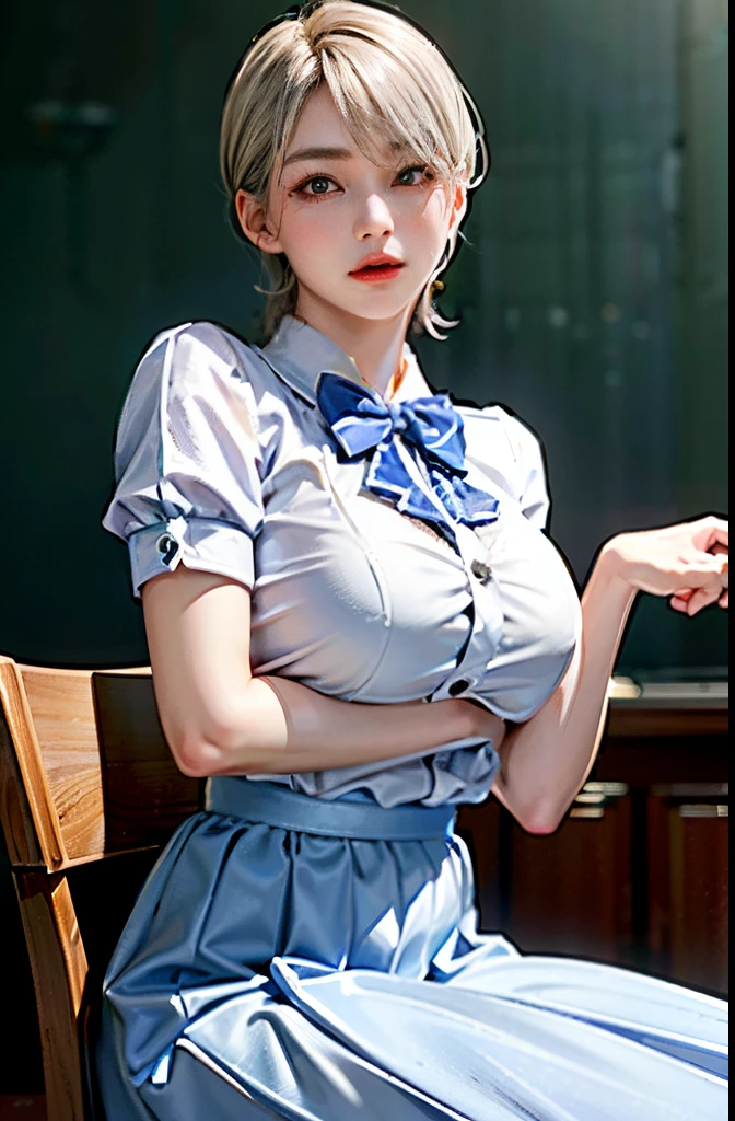 top-quality、超A high resolution、(Photorealsitic:1.4)、1人、White blouses、a blue skirt、bowtie、(faded ash gray hair:1)、(Normal breasts:1)、looking at viewert、cafes、Garou Legend Charm