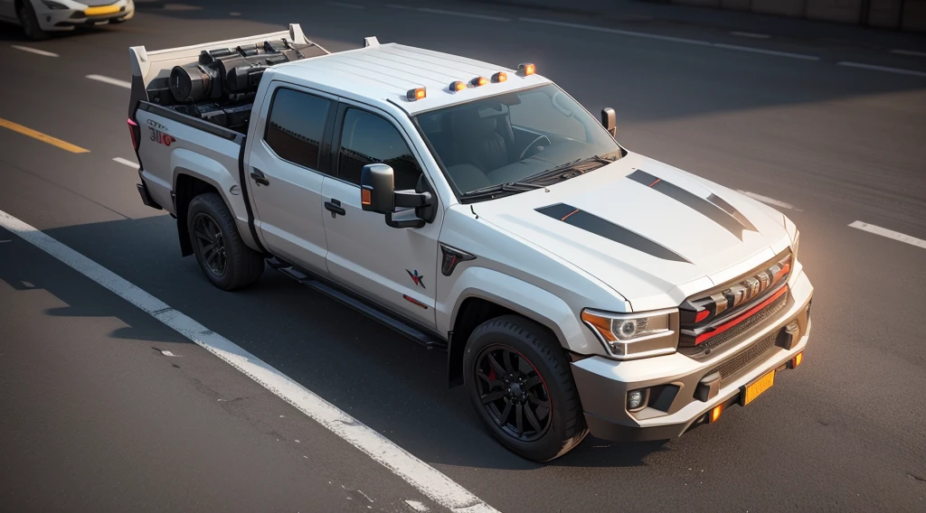 3D model HD rendering, cyber truck car rendering, (gun mounted), straight Angle isometric view, 45 degree Angle, (gray background), high detail, movie, global lighting, reality lighting, Unreal Engine rendering, Substance 3D, octane rendering, (hdr:1.3), rundown, combat damage style, red.