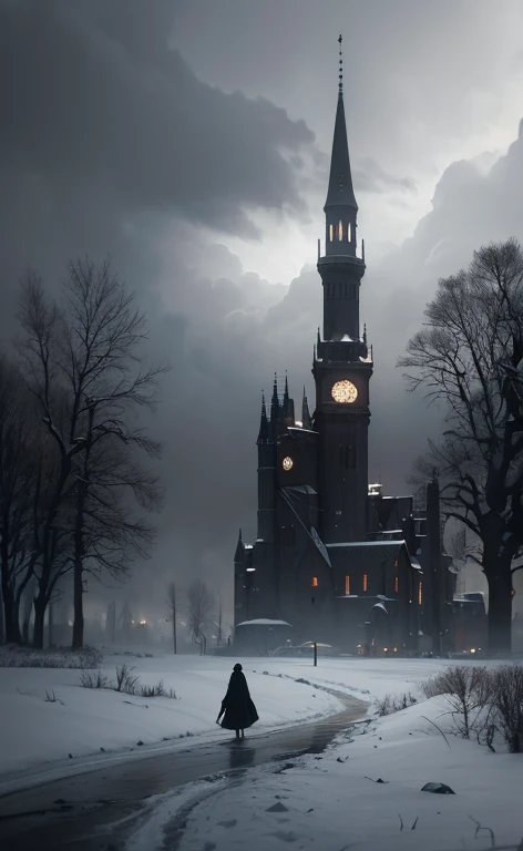 absurdres, highres, ultra detailed, (no human:1.3), BREAK, Illustrate a scene in the style of Gothic art, with dark colors, dramatic lighting, and a mysterious, eerie atmosphere. BREAK, Capture a low-light image, with minimal lighting and a focus on the subtle details and atmosphere of the scene. BREAK, Illustrate a snow-covered rural landscape, with frosty fields, cozy farmhouses, and a sense of peaceful solitude. BREAK, Design an image inspired by the anti-art spirit of Dadaism, with seemingly random elements, a rejection of traditional aesthetics, and a sense of playful absurdity.