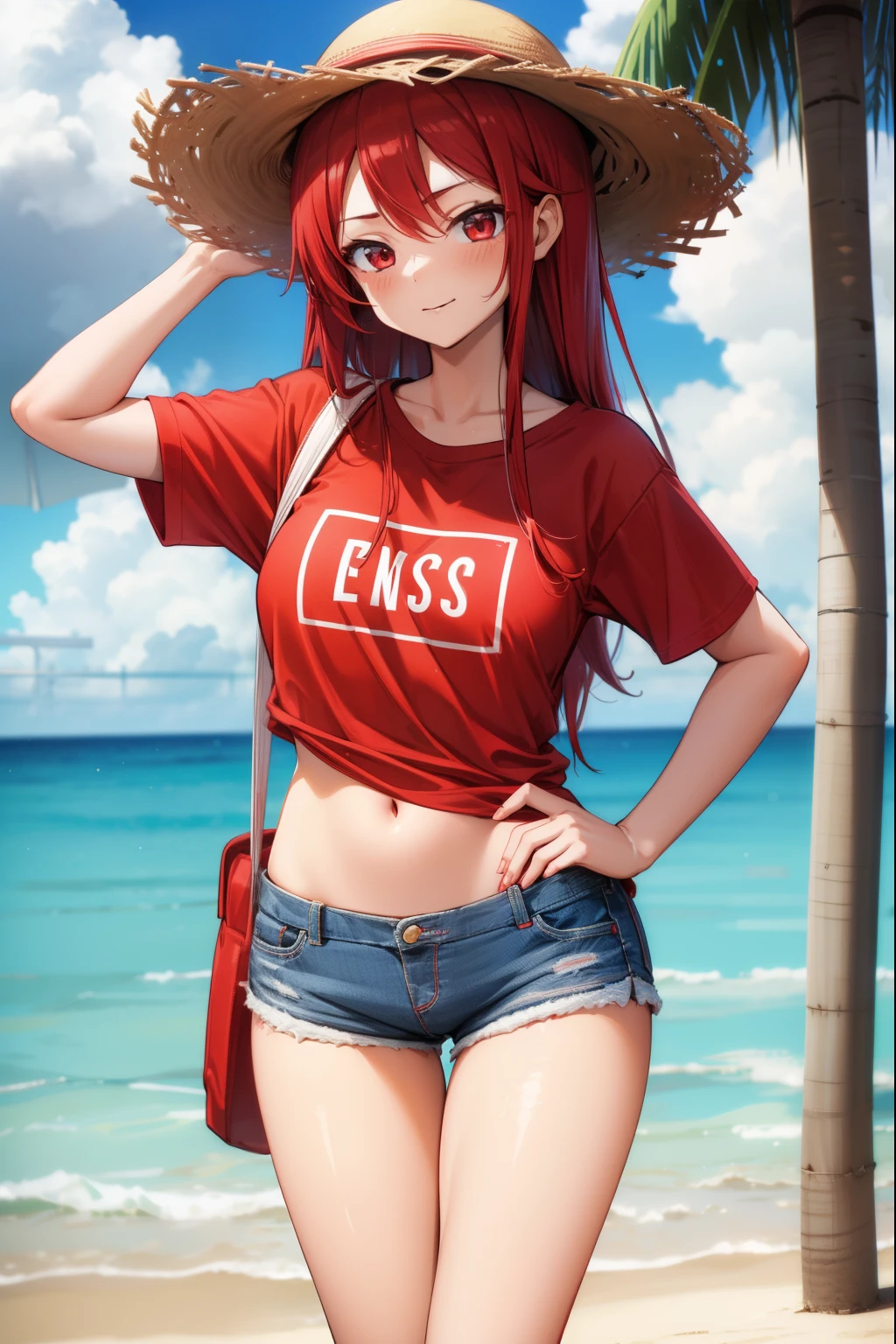 A cute girl , red hair , wearing a straw hat with a red stripe, a red T-shirt, and short shorts, sexy body, sexy,