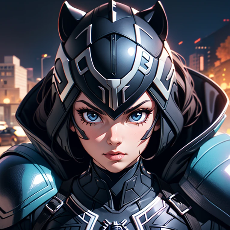 A woman wearing a black  panther armor,, Saint Seiya, Black panther Armor, panther helmet, Dark hair, short hair, , Charismatic character, Avatar de seconde vie, Nice screenshot, Femme seduisante vue complète du corps, High quality, very detailed skin