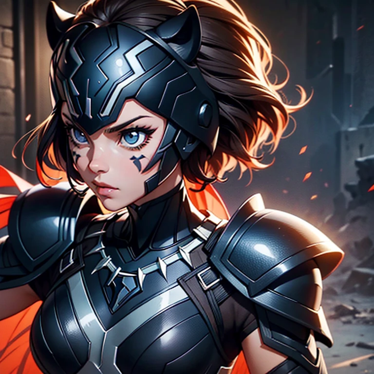 A woman wearing a black panther armor,, Saint Seiya, Black panther Armor, panther helmet, Dark hair, short hair, , Charismatic character, Avatar de seconde vie, Nice screenshot, Femme seduisante vue complète du corps, High quality, very detailed skin