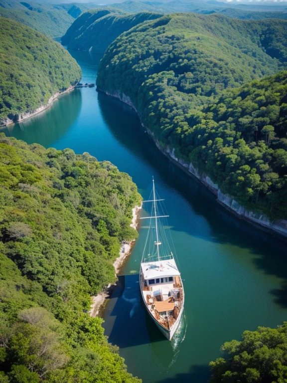 A small boat sailing through a tropical jungle, ((Aerial Photography)),