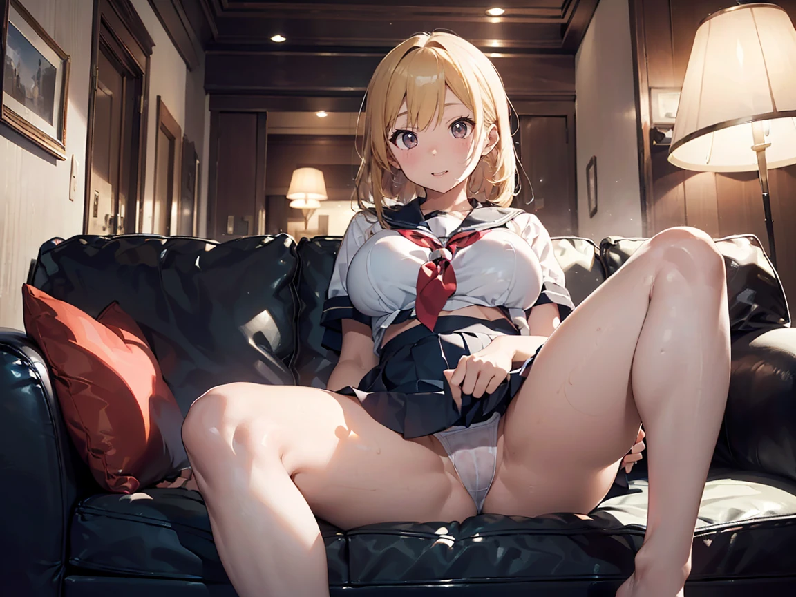 (top-quality,High resolution,(Ultra high definition,4K), (Ultra High Resolution,8K),masutepiece:1.2), (Perfect Anatomy,Anatomically accurate), (Angle from below), (Soft lighting, 光线追踪), (Two cute high school girls), (V-shaped legs), ((Sitting on a sofa in the lobby of a luxury hotel and opening your legs)), (Girls' High School Sailor Uniform), (sexy pantie), (Crisp double eyelids), (fascinated expression),(Large breasts:1.3), NSFW,(Soft skin), (Photorealistic), (Glowing skin), (blondehair)