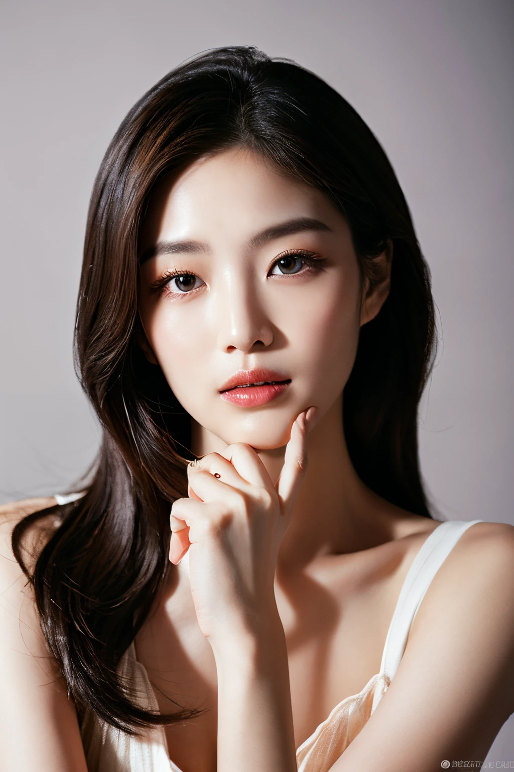 realistic photos of (1 cute Korean star) Shoulder-length hair, light makeup, clear face, medium breasts, rest one's chin on one's hands, clear facial features of Canon EOS, 8K high resolution, sharp and realistic details, random place in Korean