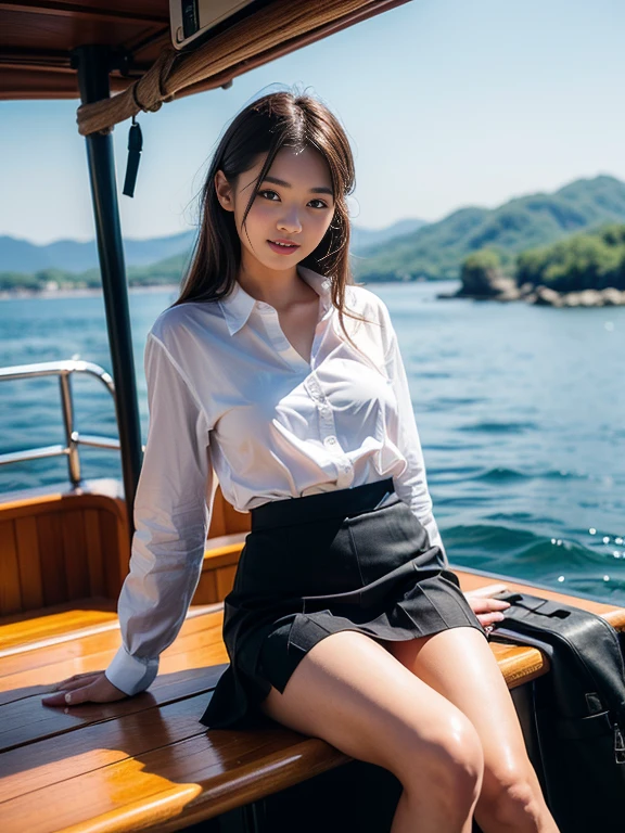 ((top-quality、in 8K、masterpiece:1.3、Raw photo))、Super high quality photos, ((Aerial Photography)), On a small boat sailing through a tropical jungle, ((Wearing a business suit with jacket and skirt)), ((Beautiful Japanese woman sitting on a boat)),((Wear a white blouse shirt under the jacket)), ((Perfect beauty 20 year old idol Japan woman)), ((burst into laughter)), ((protruding nipples under the shirt,,)), ((slim figure)), ((Slim legs)), ((slim thigh)), (Photorealistic: 1.4), (Ultra-high detail), (hyper realisitic: 1.4), (Realistic: 1.3), (Smooth lighting: 1.05), Full body, 1girl in, Solo, (Japanese actressl), 20yr old, cinematlic lighting, ((Leaner figure)), Good anatomy, Correct anatomy, On a small boat sailing through a tropical jungle, ((Perfect beauty 20 year old idol Japan woman)), ((Slim legs)), ((slim thigh)), ,((Perfect beauty)), ((He has a small camping bag in one hand.)), ((Panties are visible through the skirt)), ((burst into laughter)), ((camel's toe)), ((Wearing a business suit with jacket and skirt)), ((Hands on the crotch)). ((Aerial Photography)), ((Wearing a skirt)),