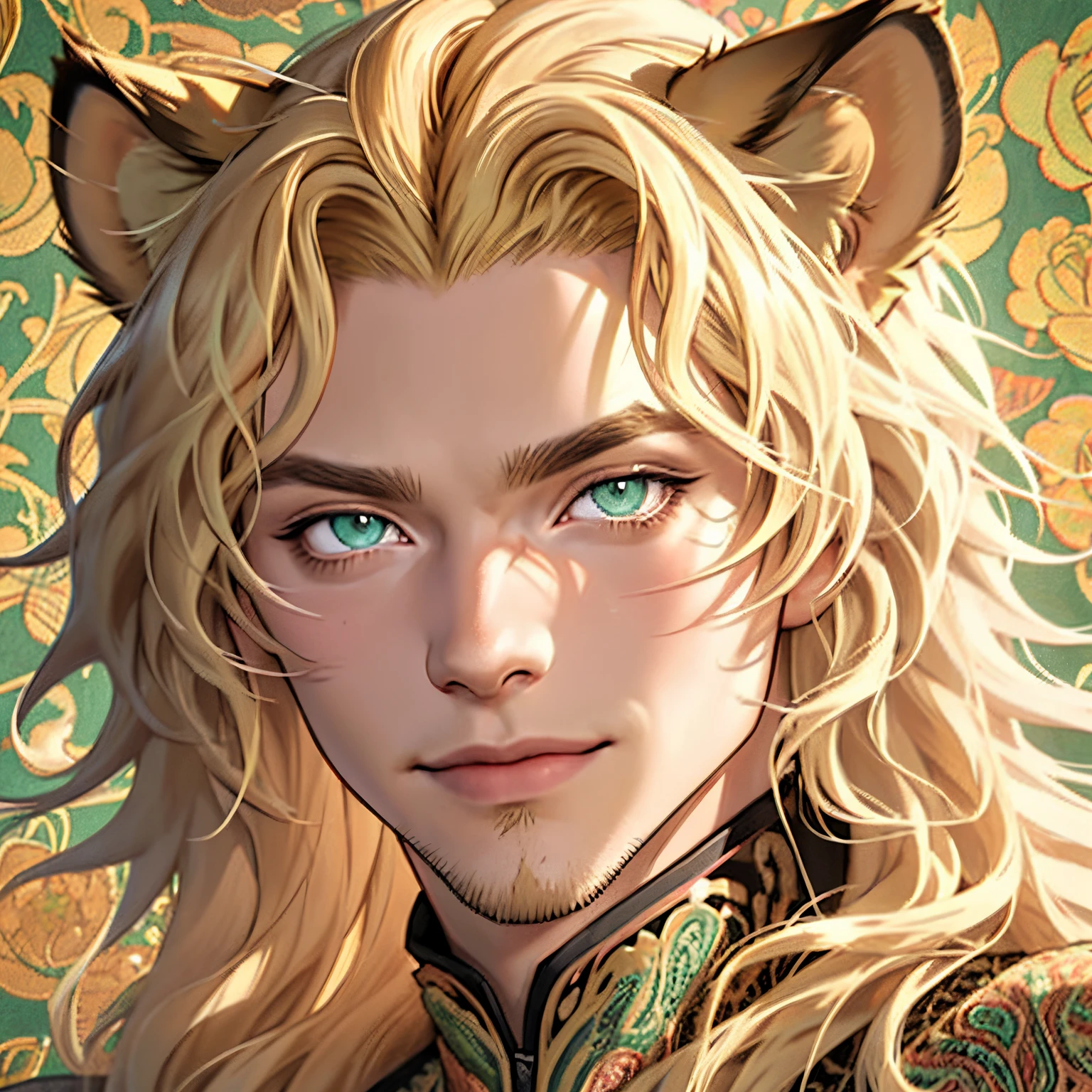 Fur coat, One male, lion ears, long hair, blond, blond hair, green eyes, tall, muscular, beautiful face, highest quality, masterpiece, 3d, anime, perfect face, highest detail, feline eyes, short facial hair, lion tail, wavy hair, bust shot, detailed face, intricate details, paisley background, smile, solo, close up