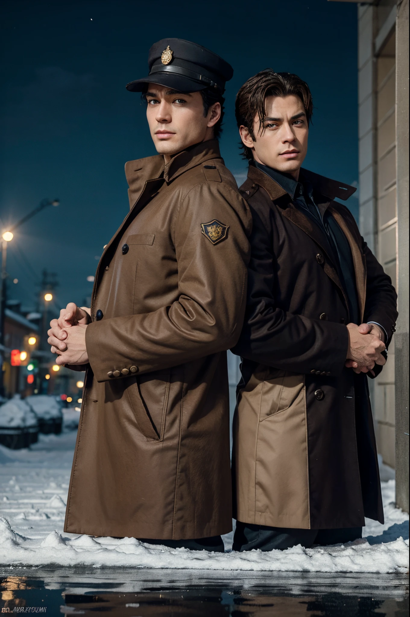 guys serious faces, chad faces, Jotaro, one in a detective suit, in a hat, brown coat, jojo anime style, Ace Lawyer Style, official fan art, Two handsome anime, ,detailed fanart, commission for high res, high quality fanart, Fan art, in the art style of 8 0 s anime, cel - shaded art style, araki. Stardust faces, snow, russian city background