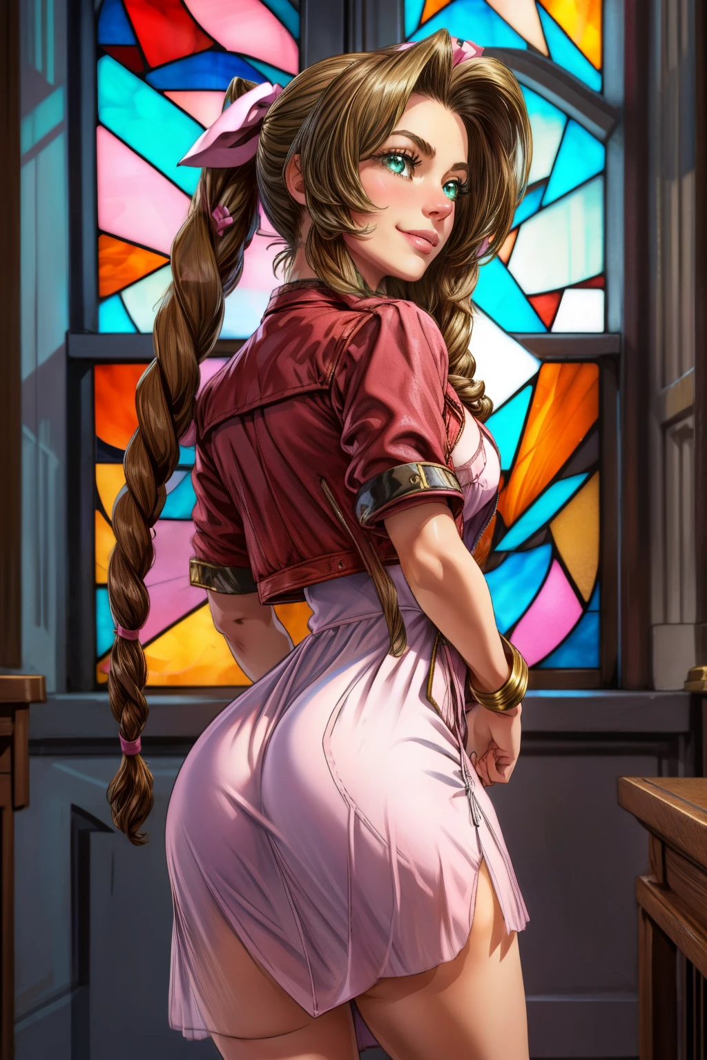 Aerith Final porn hentai erotic, beautifully sexy shows off her pussy and ass, bending over a little, 3D art detailed, high quality against the backdrop of medieval buildings fantasy middle ages 