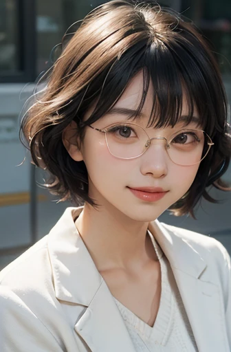 One lady, Japan people in their 20s, symmetrical beauty, Small face, sharp outline, A dark-haired, Shoulder length short bob hair, Curly hair, The hair near the shoulders should have strong waves., With bangs, thick eyebrow,realisticeyes, 二重まぶた, drooing eyes, Thicker lips, closes mouth, A slight smil, Smiling smile, Rimless glasses, Rimless glasses, Wheat-toned skin, realistic skin textures, H Cup, a little fat, Inner:Black high-neck sweater, outer:White Blazer, full bodyesbian, directly in front of the camera, looking directly at the viewer, Looking at the camera, The light source is from the front.