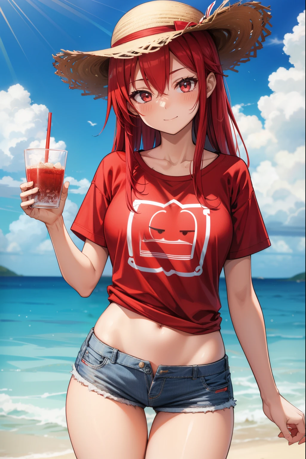 A cute girl , red hair , wearing a straw hat with a red stripe, a red T-shirt, and short shorts, sexy body, sexy,