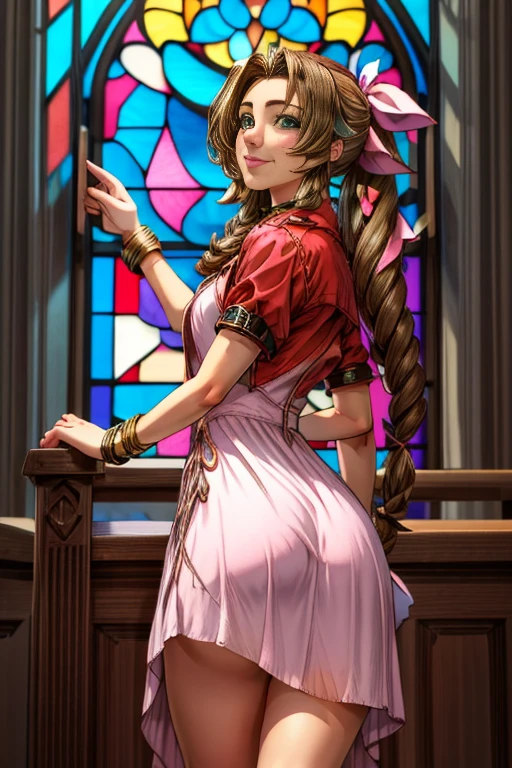 masterpiece, best quality, aerith gainsborough, bending over, lifting dress, athletic build, slim waste, wide hips, perky ass, choker, cropped jacket, hair bow, bracelet, pink dress, looking at viewer, smile, closed mouth, indoors, stained glass window