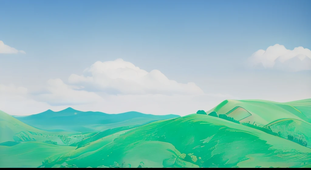 There is a picture of a green hill with some clouds. Turquoise landscape, beautiful render of a landscape, There is a small fence in the vast meadow and calves are running around..
