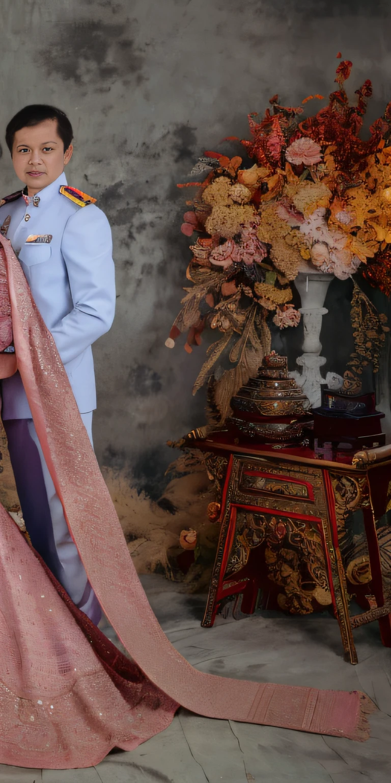 araffes in a pink dress and a man in a blue suit, royal elegant pose, royal gown, portrait shot, backdrop, royal portrait, ornate backdrop, royal photography, thailand, traditional photography, seated in royal ease, sukhothai costume, royal dress, detailed portrait shot, imperial royal elegant clothing, ceremonial portrait, ornate and intricate backdrop