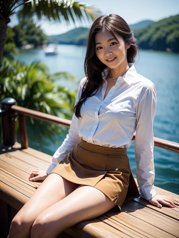 ((top-quality、in 8K、masterpiece:1.3、Raw photo))、Super high quality photos, ((Aerial Photography)), On a small boat sailing through a tropical jungle, ((Wearing a business suit with jacket and skirt)), ((Beautiful Japanese woman sitting on a boat)),((Wear a white blouse shirt under the jacket)), ((Perfect beauty 20 year old idol Japan woman)), ((burst into laughter)), ((protruding nipples under the shirt,,)), ((slim figure)), ((Slim legs)), ((slim thigh)), (Photorealistic: 1.4), (Ultra-high detail), (hyper realisitic: 1.4), (Realistic: 1.3), (Smooth lighting: 1.05), Full body, 1girl in, Solo, (Japanese actressl), 20yr old, cinematlic lighting, ((Leaner figure)), Good anatomy, Correct anatomy, On a small boat sailing through a tropical jungle, ((Perfect beauty 20 year old idol Japan woman)), ((Slim legs)), ((slim thigh)), ,((Perfect beauty)), ((He has a small camping bag in one hand.)), ((Panties are visible through the skirt)), ((burst into laughter)), ((camel's toe)), ((Wearing a business suit with jacket and skirt)), ((Hands on the crotch)). ((Aerial Photography)), ((Wearing a skirt)),