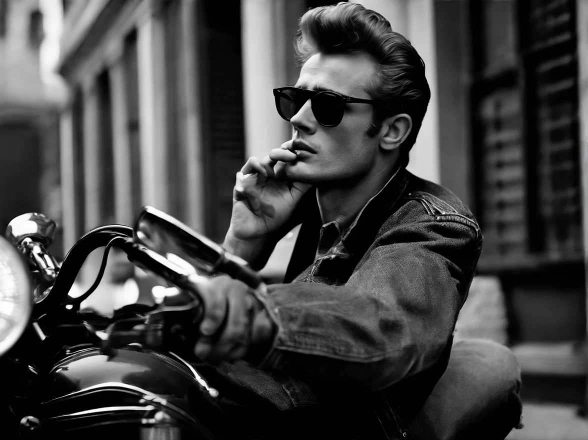 James Dean smoking a cigarette, wearing jeans and a denim jacket, profound eyes, sitting on a motorcycle, Artist photo, realistic, smoking a cigarette, bold black and white, retro --ar 16:9