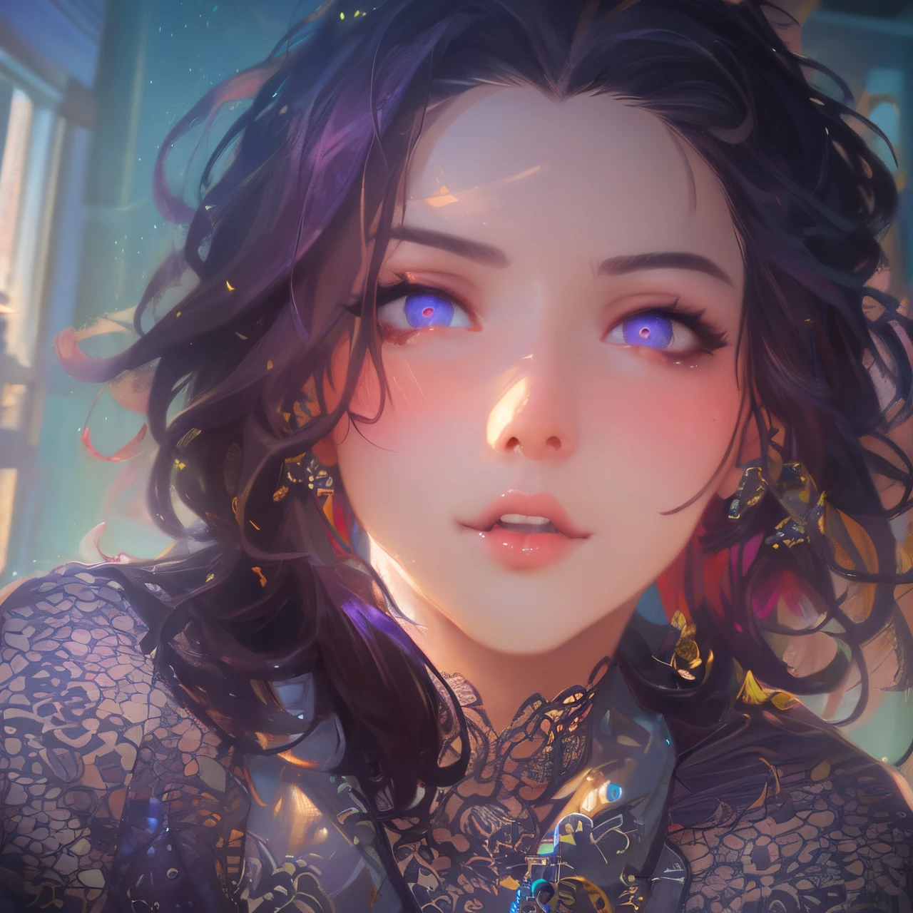 (ultra-detailed,photorealistic:1.2), HDR, professional, vivid colors, bokeh, 3D rendering, sexy curvy girl, solo, purple hair, ahegao face, big boobs, sensual, seductive pose, soft lighting, lace lingerie, high heels, boudoir photography, glamorous, confident expression, alluring gaze