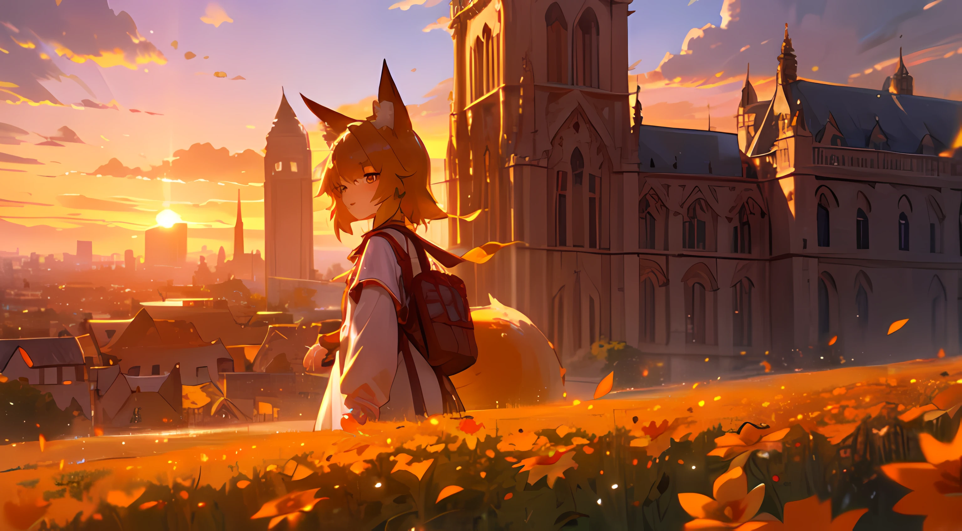 A  girl, Fox ears, field, orange flowers. super detailed, detailed ears, Detail Eyes, girl 4K, Detailed flowers, beautiful clouds, detailed blocks, beautiful buildings, Beautiful city, Beautiful sunset, detailed city, detailed sunset