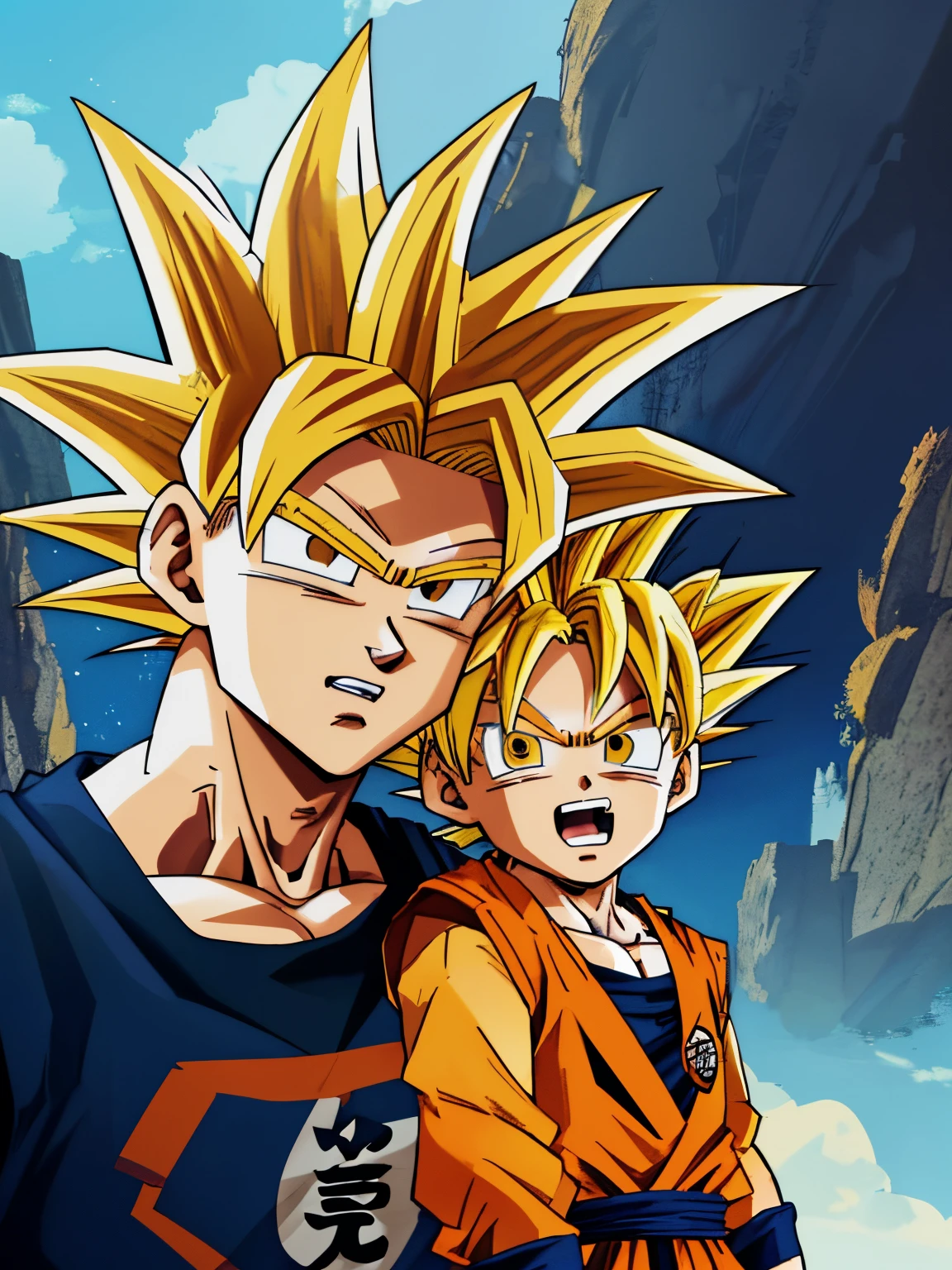 there is a man and a boy that are standing together,2D,Comic style, comics, dragonball,Son Goku,quadratic element,shoun,head portrait,super saiyan, ((yellow hair:1.3)),(blond hair:1.3), goku, super saiyan, dragon ball concept art, dragon ball artstyle,4k, manga wallpaper,