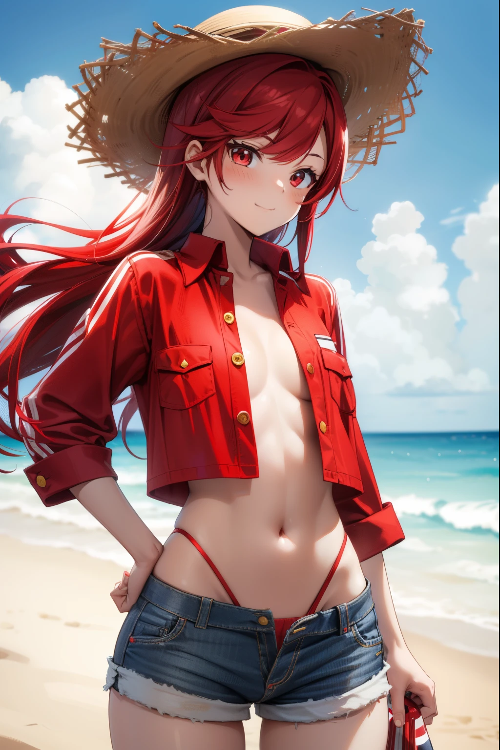 A cute girl , red hair , wearing a straw hat with a red stripe, a red Open shirt with yellow buttons , and short shorts, sexy body, sexy,
