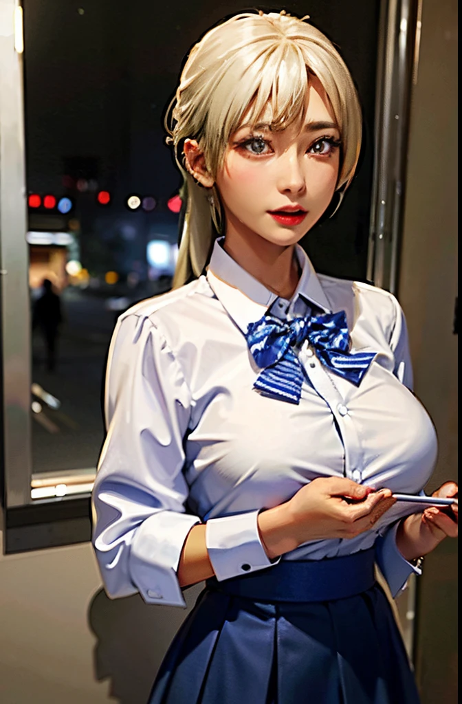 top-quality、超A high resolution、(Photorealsitic:1.4)、女の子1人、White blouses、a blue skirt、bowtie、(faded ash gray hair:1)、(Normal breasts:1)、looking at viewert、cafes、Garou Legend Charm