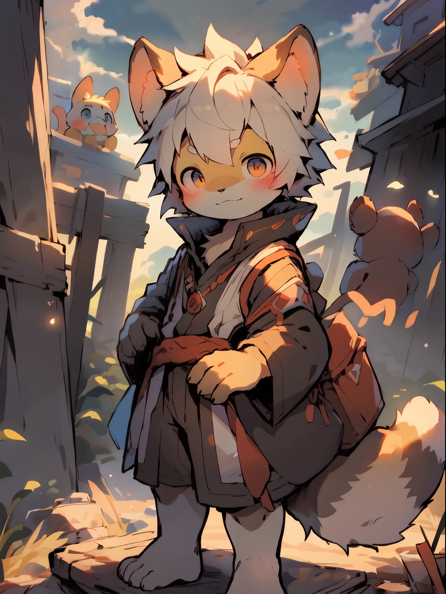 Cute and detailed digital art, Very very beautiful furry art, Detailed fanart, high-quality wallpaper, dress up as a fisherman 🧥, furry fantasy art, Popular topics on artstation pixiv, shota，white color hair ，male people，（ddlers，Baby dolls）， The stands up， scy，（（（独奏,solo person））），(Zhao Weng，A little bagainst the fence，Behind the fence are wheat fields)，looking at viewert，angle of view，from the above，like a dream，baiyun，（Warm light source：1.2），rays of sunshine ，author：Pino Deheni, crab clams, Milk Tiger 1145, Dagasi, Sam，