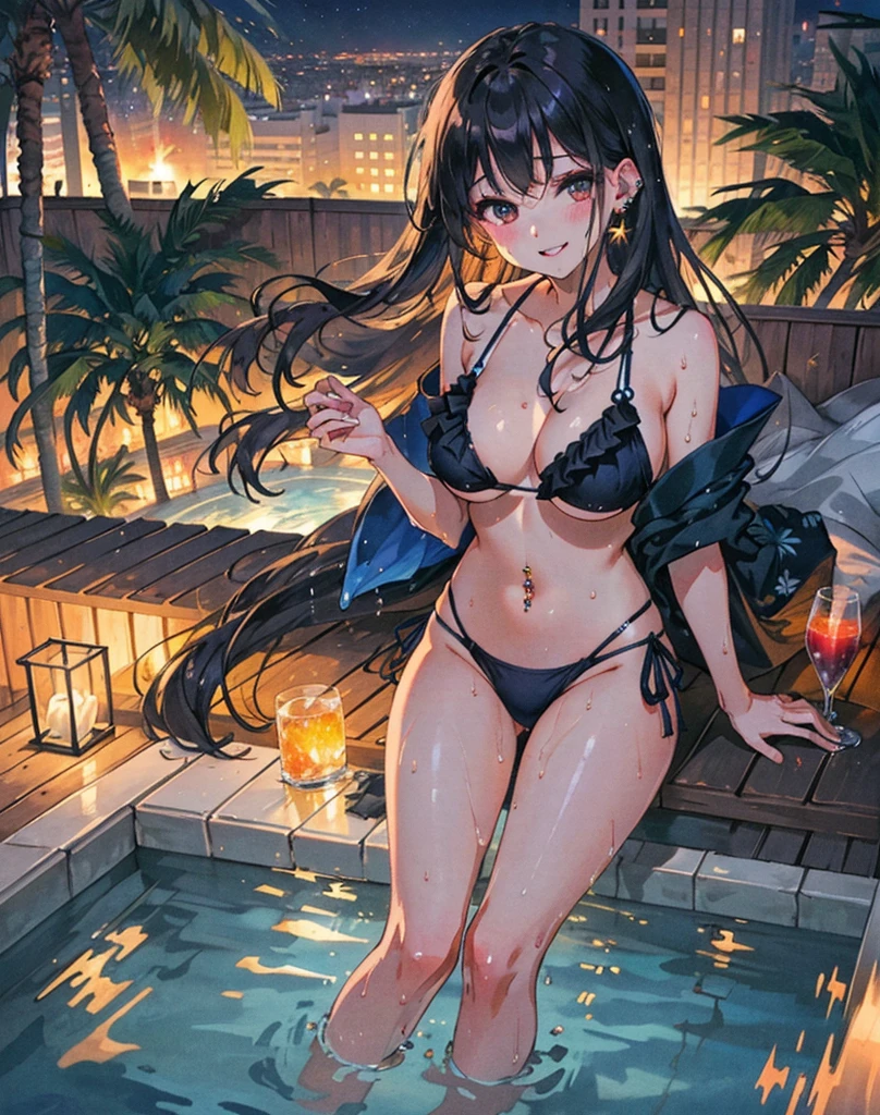 Japanese beautiful girl cute sexy nice body beautiful breast full body sitting on a chair black hair long hair bangs navel navel piercing wet body droplet black thong bikini top less undressing wet bikini frill seduction leg thigh front frontal firelight smiling rooftop night view night sky city night night pool pool pool tropical summer palm tree cocktail glittering photographic realistic realistic photo high quality realistic super realistic, having sex cream pie, squirting, missionary,