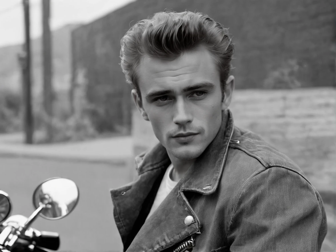 A moody,cinematic shot of a man with disheveled hair,clad in a leather jacket,smoking a cigarette against a dimly lit alley. The play of shadows and highlights on his rugged features creates an intense atmosphere. The film's graininess amplifies the grittiness,evoking a sense of mystery and rebellion.,