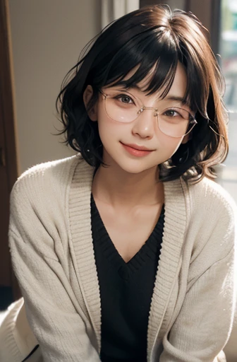 One lady, Japan people in their 20s, symmetrical beauty, Small face, sharp outline, A dark-haired, Shoulder length short bob hair, Curly hair, The hair near the shoulders should have strong waves., With bangs, thick eyebrow,realisticeyes, 二重まぶた, drooing eyes, Thicker lips, closes mouth, A slight smil, Smiling smile, Rimless glasses, Rimless glasses, Wheat-toned skin, realistic skin textures, H Cup, a little fat, Inner:Black sweater, outer:White blazer, full bodyesbian, directly in front of the camera, looking directly at the viewer, Looking at the camera, The light source is from the front.