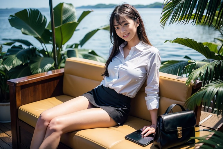 ((top-quality、in 8K、masterpiece:1.3、Raw photo))、Super high quality photos, ((Aerial Photography)), On a small boat sailing through a tropical jungle, ((Wearing a business suit with jacket and skirt)), ((Beautiful Japanese woman sitting on a boat)),((Wear a white blouse shirt under the jacket)), ((Perfect beauty 20 year old idol Japan woman)), ((burst into laughter)), ((protruding nipples under the shirt,,)), ((slim figure)), ((Slim legs)), ((slim thigh)), (Photorealistic: 1.4), (Ultra-high detail), (hyper realisitic: 1.4), (Realistic: 1.3), (Smooth lighting: 1.05), Full body, 1girl in, Solo, (Japanese actressl), 20yr old, cinematlic lighting, ((Leaner figure)), Good anatomy, Correct anatomy, On a small boat sailing through a tropical jungle, ((Perfect beauty 20 year old idol Japan woman)), ((Slim legs)), ((slim thigh)), ,((Perfect beauty)), ((He has a small camping bag in one hand.)), ((Panties are visible through the skirt)), ((burst into laughter)), ((camel's toe)), ((Wearing a business suit with jacket and skirt)), ((Hands on the crotch)). ((Aerial Photography)), ((Wearing a skirt)),